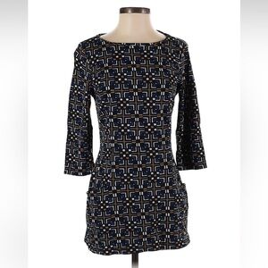 J. McLaughlin Geometric Dress With Pockets Size Small Blue Black Tan White Boho